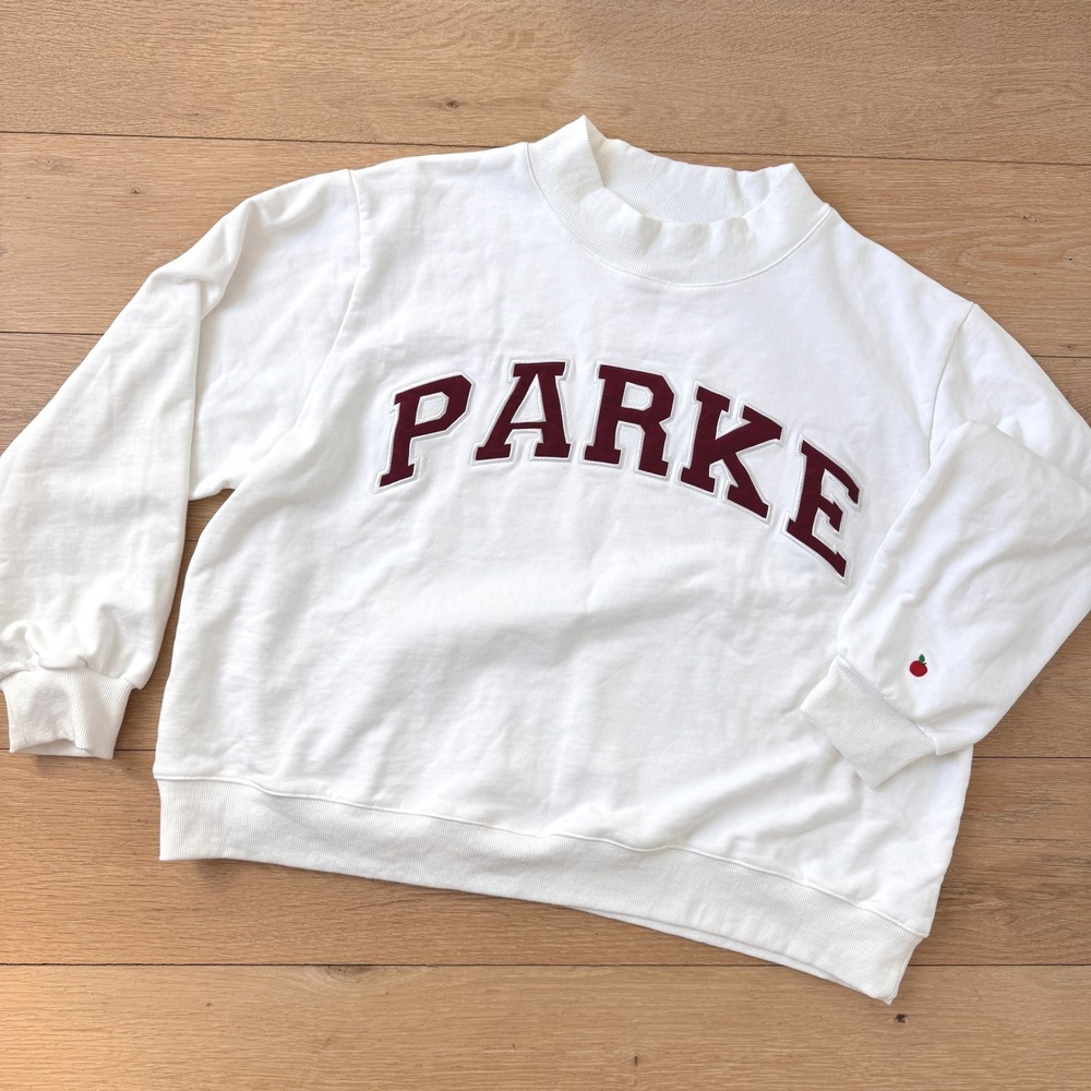 PARKE Varsity Mockneck Sweatshirt White Maroon Apple Sleeve XXL New